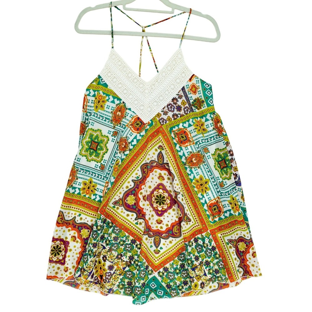 Jodi Kristopher V-Neck Lace Top Tunic Handkerchief Mini Dress M Bohemian Boho